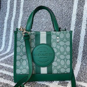 Coach Dempsey Tote 22 In Signature Jacquard With Stripe And Coach Patch Green
